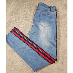 Roma Studio Blue Denim Jeans Red Navy Side Stripe Straight Leg Track Style Pants